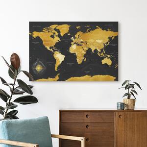 Obraz Žluté kontinenty (1-dílný) - Barevná černo-zlatá mapa světa