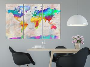 Obraz Kontinenty v barvité palete (3-dílný) - Mapa světa s barvami duhy