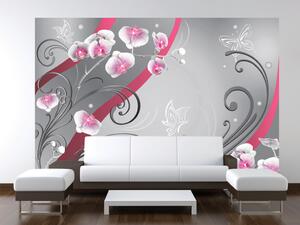 Fototapeta Růžový akcent - orchideje v kompozici s ornamenty na šedém pozadí