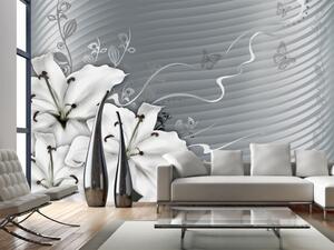 Fototapeta Fantazie s ornamenty - bílé lilie na šedém geometrickém pozadí