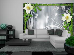 Fototapeta Rostlinná kompozice s bambusy - orchideje s ornamenty na šedém pozadí