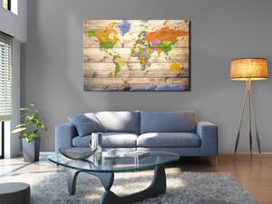 Obraz Mapa barevných kontinentů (1-dílný) - Svět na dřevěném pozadí