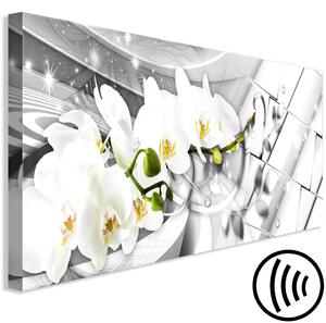 Obraz Spirály orchidejí - bílé květy na šedém pozadí v lesku čtverců