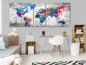 Obraz Mapa světa: Rozlitá barva (5 dílů) - barevný svět a šedé pozadí
