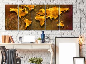 Obraz Daleké cesty (5-dílný) - mapa světa a kompas v zlatém designu