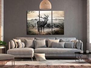 Obraz Paroží Hrůzy I (3-dílný) - krajina v béžovém tónu s jelenem na poli