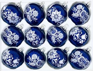 Irisa Sada skleněných vánočních ozdob modrá s dekorem modrotisk 12 ks