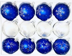 Irisa Sada skleněných vánočních ozdob Jolanta modrá, bílá dekor mrazolak 12 ks