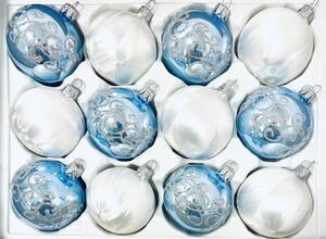 Irisa Sada skleněných vánočních ozdob Ela bílá, modrá s dekorem mrazolak 12 ks