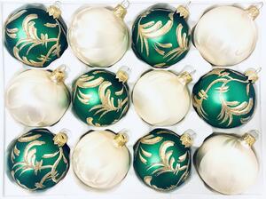 Irisa Sada skleněných vánočních ozdob Gabriela zelená, bílá dekor mrazolak 12 ks