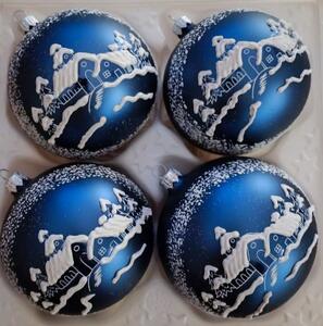 Slezská tvorba Sada skleněných vánočních ozdob koule stříbřená, modrý mat, motiv vesnička 4 ks