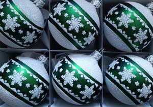 Slezská tvorba Sada skleněných vánočních retro ozdob koule zelená bílý dekor vločka 6 ks