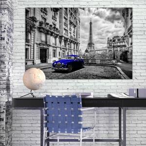 Obraz Auto v Paříži (1-dílný) široký - modré auto na pozadí Paříže