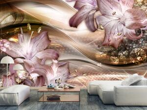Fototapeta Magické lilie - motiv květin na hnědozlaté kompozici s vlnami