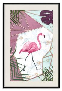 Plakát Procházka plameňáků - geometrická abstrakce s růžovým ptákem a listy