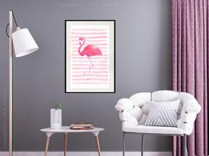 Plakát Plameňák a pruhy - kompozice s růžovým ptákem na pozadí vodorovných pruhů