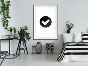Plakát Ověřeno - černobílá kompozice s jednoduchým grafickým symbolem