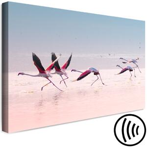 Obraz Ptáci připravující se k letu (1 díl) - Plamenáci na pozadí vody