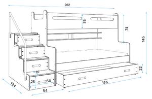 Patrová postel 120 x 200 cm Moxxo 3 (bílá + modrá) (s rošty, matracemi a úl. prostorem). 1056472