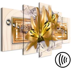 Obraz Zlatý lesk (5-dílný) - lesklá kompozice s květinami lilie