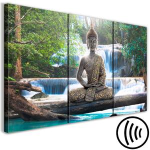 Obraz Buddha a vodopád (3dílný) zelený