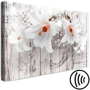 Obraz Bílé lilie (1-dílný) - rostliny na pozadí dřeva ve vintage stylu