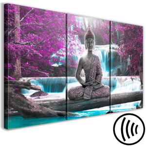 Obraz Harmonie fialové přírody (3-dílný) - Buddha na pozadí vodopádu