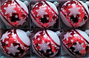 Slezská tvorba Sada skleněných vánočních ozdob koule červená bílý dekor vločka