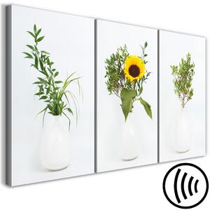 Obraz Tři vázičky (3-dílný) - kompozice se slunečnicí a trávou