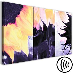 Obraz Triptych se slunečnicemi - fragmenty květin na fialovém pozadí