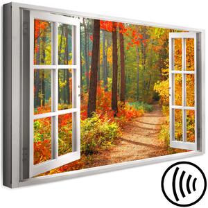 Obraz Barvy přírody (1-dílný) - pohled z okna na cestu podzimních stromů