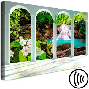 Obraz Vodopád v lese (1-dílný) - bílé sloupy na pozadí vody a rostlin