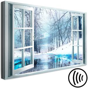 Obraz Odrážení zimy (1-dílný) - pohled z okna na vodu a stromy ve sněhu