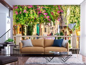 Fototapeta Itálie - krajina s toskánskou ulicí a kompozicí barevných květů