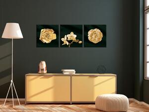 Obraz Květiny zalité ve zlatě - okouzlující triptych s rostlinnými motivy