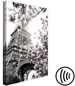 Obraz Pařížské magnólie (1-dílný) svislý - Jarní květiny s věží v pozadí