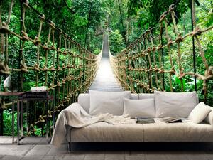 Fototapeta Zelená džungle - krajina dřevěného mostu na laně uprostřed stromů