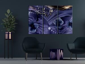 Obraz Fialové violky (3-dílný) - květinová abstrakce zdobená zlatem
