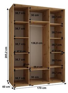 Šatní skříň YVONA 1 - 170/60 cm, dub artisan / bílá / černá
