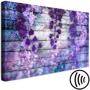 Obraz Levandulové Kouzlo (1-dílný) široký - fialové květy a dřevěné desky na pozadí