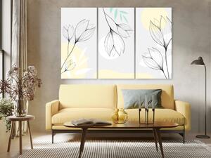 Obraz Jemné krokusy (3-dílný) - květiny a listy na šedo-žlutém pozadí