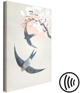 Obraz Vlaštovky ve vzduchu (1-dílný) svislý - ptáci na pozadí sakury