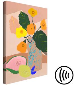 Obraz Květiny ve váze (1-dílný) svislý - kytice a exotické ovoce