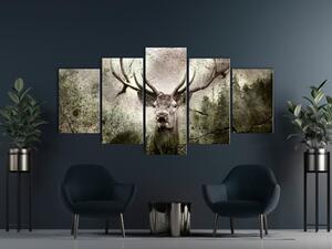 Obraz Duch lesa (5-dílný) široký - lesní zvíře a jehličnaté stromy v pozadí
