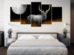 Obraz Zlatý paroh (5-dílný) široký - stříbrný jelen a měsíc v noci