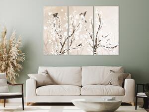 Obraz Stromy s bílými květy - ptáci na větvích na jaře ve třech částech