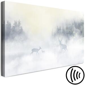 Obraz Jeleni a srnec v mlze - zvířata na pozadí jezera, lesa a hor