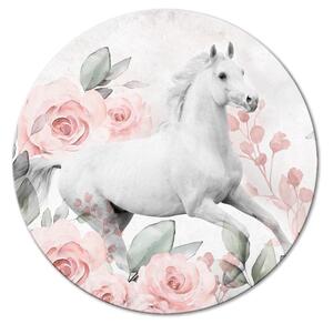 Kulatý obraz Bílý kůň - kůň cválající mezi růžemi