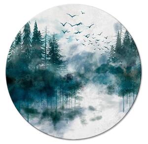 Kulatý obraz Akvarelový pohled - mlhavá lesní krajina s ptáky