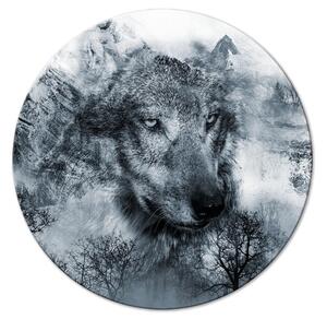 Kulatý obraz Dravec z hor - vlk na pozadí zimního lesa a zasněžených vrcholků
